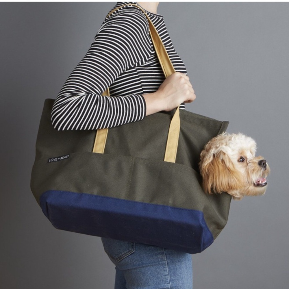 Love Thy Beast canvas pet tote in olive and navy